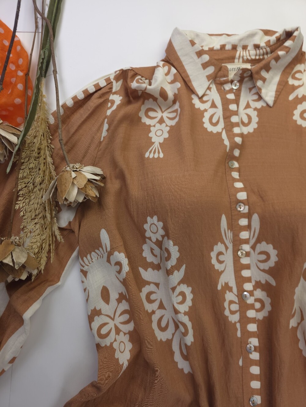 Umgee Camel Cream Floral Print Button-Front Women’s Dress Sz L - Picture 2 of 12